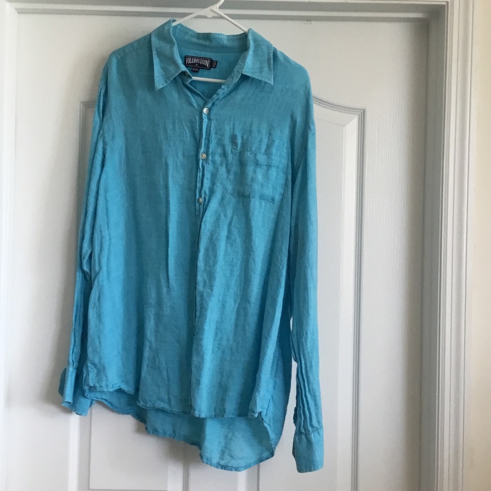 Vilebrequin Linen Turquoise Blue Button Down Shirt Size 3X Luxury